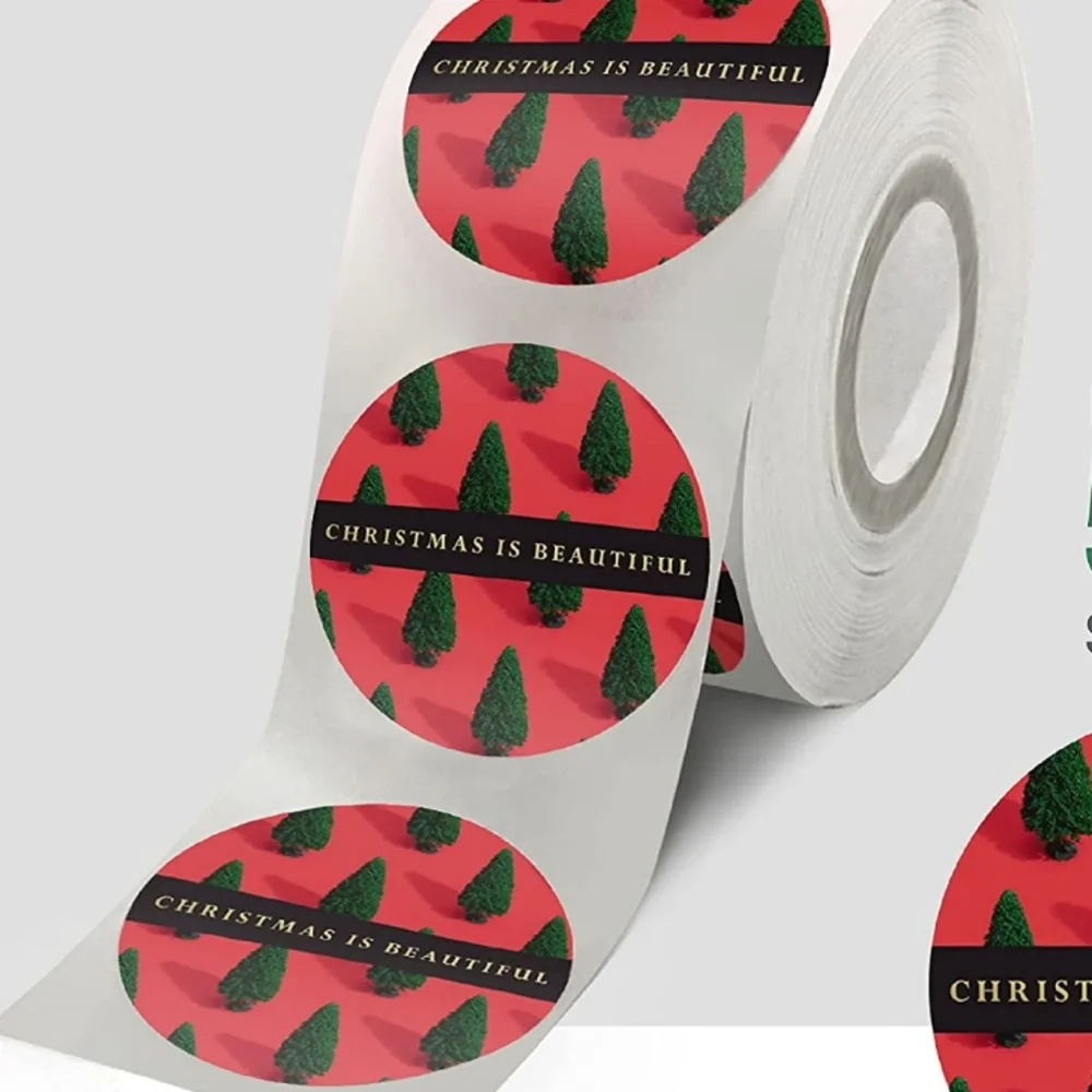 50 Stickers , Christmas is Beautiful Red Base Design with Gold Foil